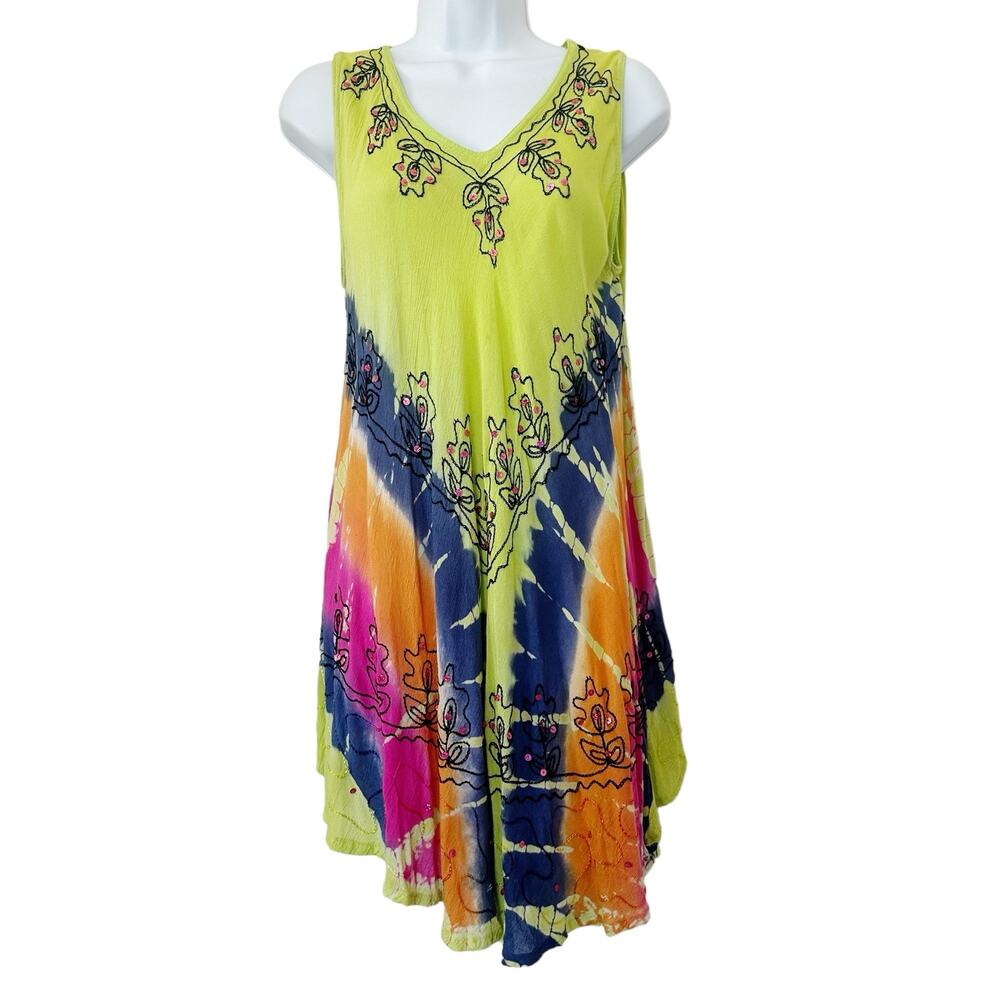 Embroidered Boho Tie Dye Sleeveless Coverup Sundress Sequins